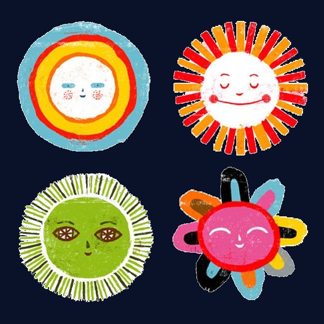 four different designs on a black background, each with an image of a sun and two faces