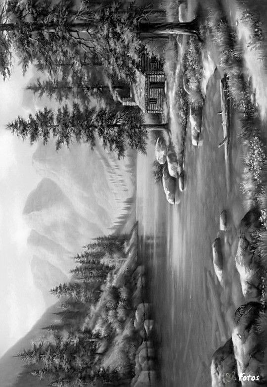 black and white drawing of trees, mountains and birds