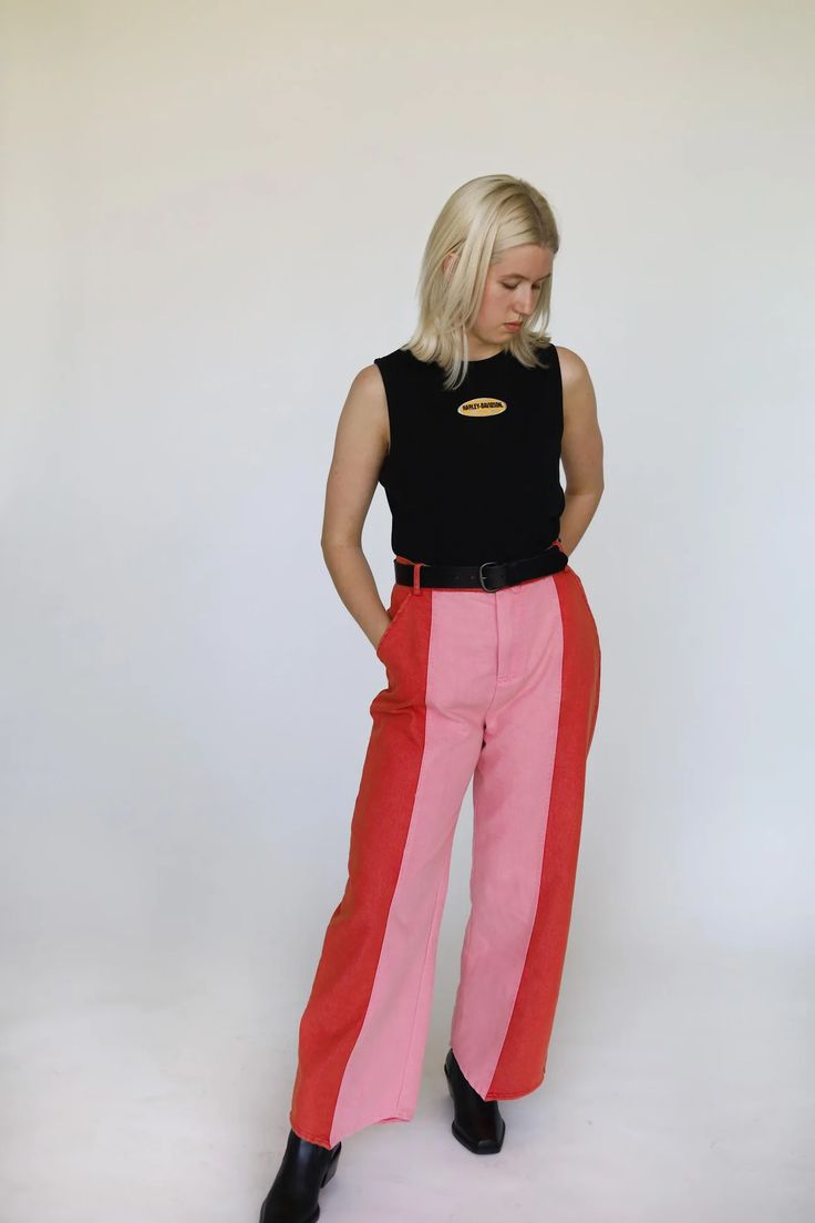 Poppy Pants in Pink Cherry – Sugar Cilantro Summer Color Block Fitted Pants, Fitted Color Block Pants For Summer, Fitted Summer Color Block Pants, Color Block Straight Leg Bottoms For Spring, Spring Color Block Straight Leg Bottoms, Straight Leg Color Block Bottoms For Spring, Trendy High-waisted Cotton Pants, Trendy Color Block Jeans For Spring, Chic Pink Denim Pants