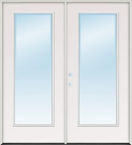 a white double door with frosted glass on the front and side doors are closed