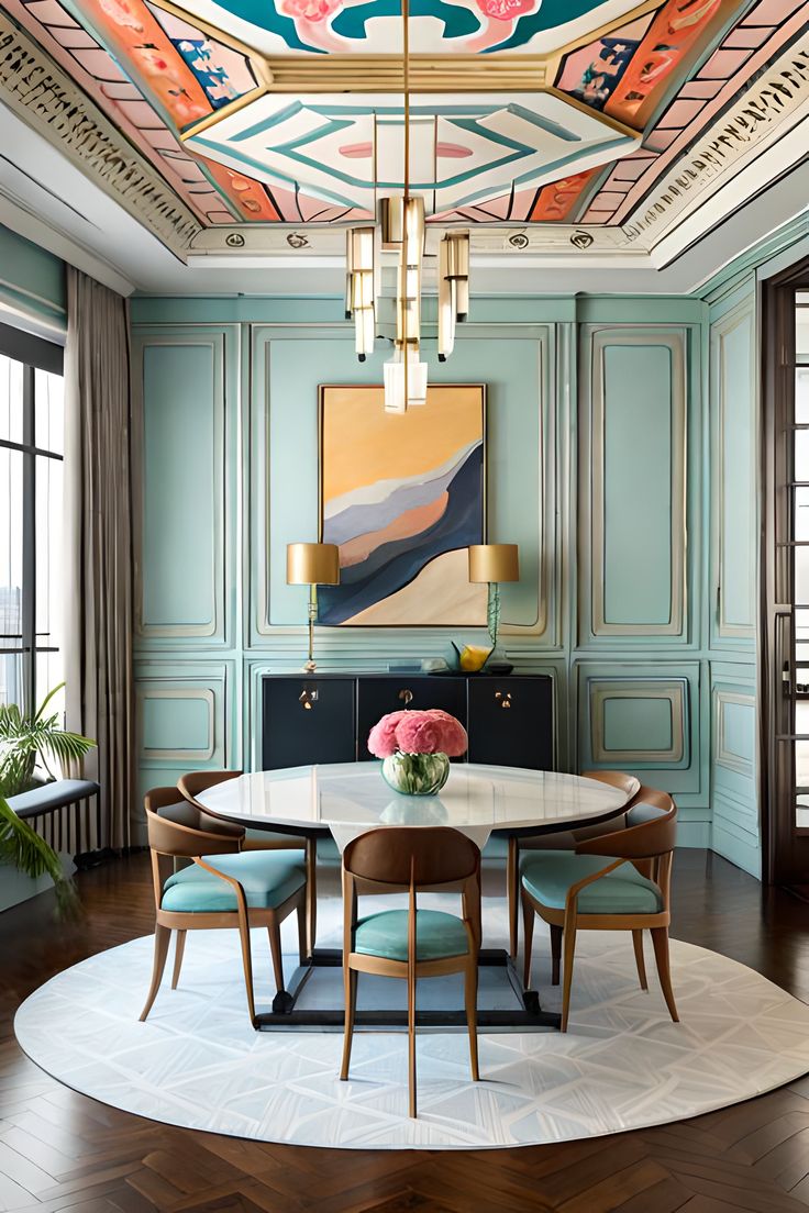 an elegant dining room with blue walls and wood flooring is decorated in art deco style