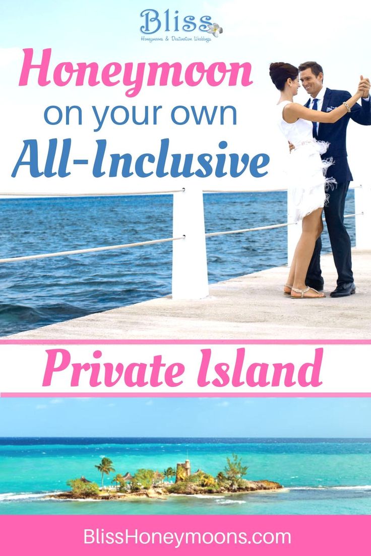 a man and woman standing on top of a pier next to the ocean with text overlay that reads, honeymoon on your own all - inclusive private island