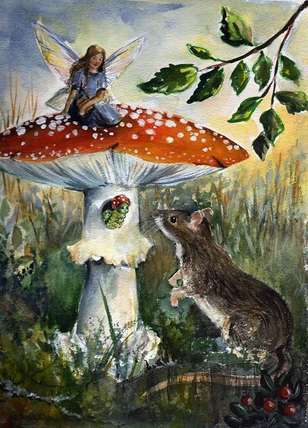 a painting of a fairy sitting on top of a mushroom with a rat looking at it