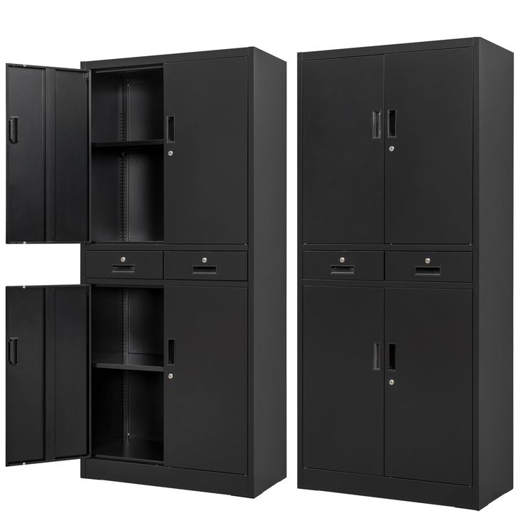 two black metal lockers with doors open and closed on each side, next to one another