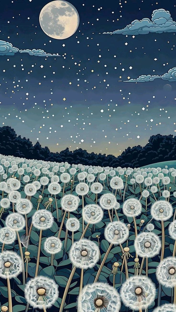 a field full of dandelions under a night sky