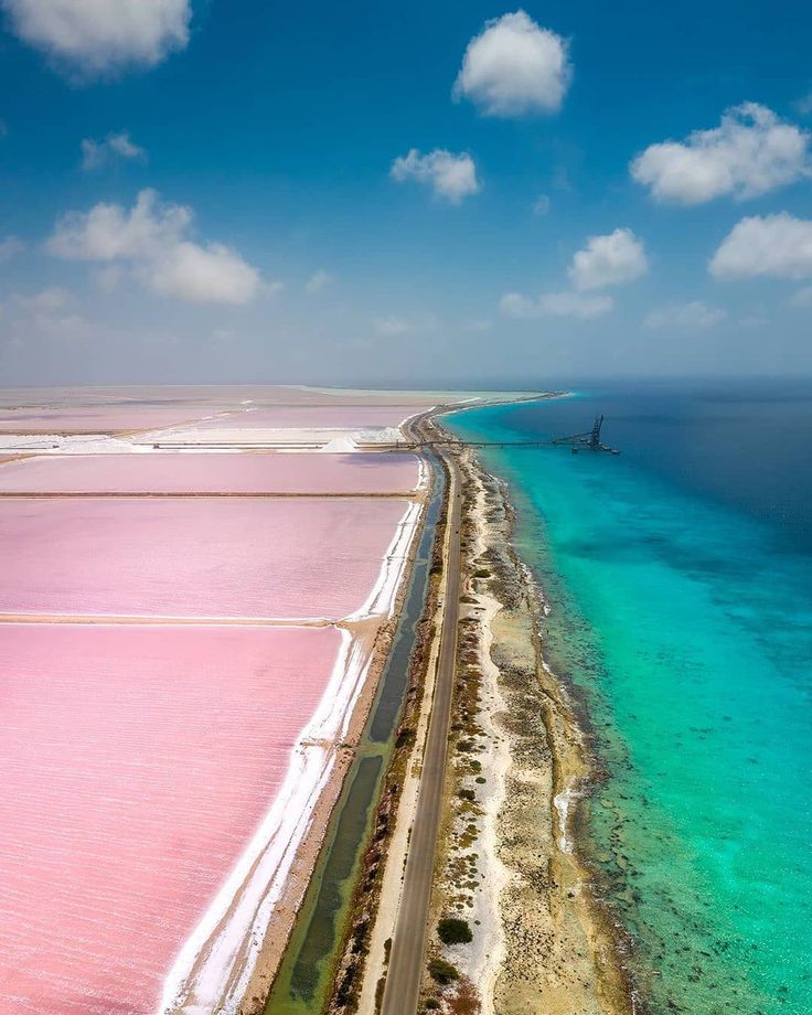 an aerial view of the ocean and beach with pink sand, water and blue sky