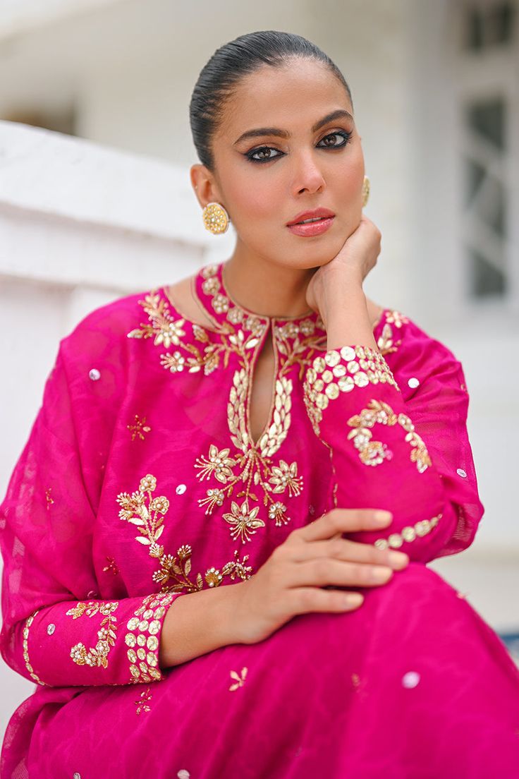 Wedding Chanderi Kaftan With Mirror Work, Anarkali Gota Work Kaftan For Wedding, Elegant Chanderi Kaftan With Mirror Work, Pink Bollywood Kaftan With Dupatta, Festive Palazzo Set With Gold Embroidery For Eid, Bollywood Style Pink Saree Kaftan, Pink Wedding Kaftan With Traditional Drape, Wedding Straight Kaftan With Gota Work, Designer Pink Kaftan With Traditional Drape