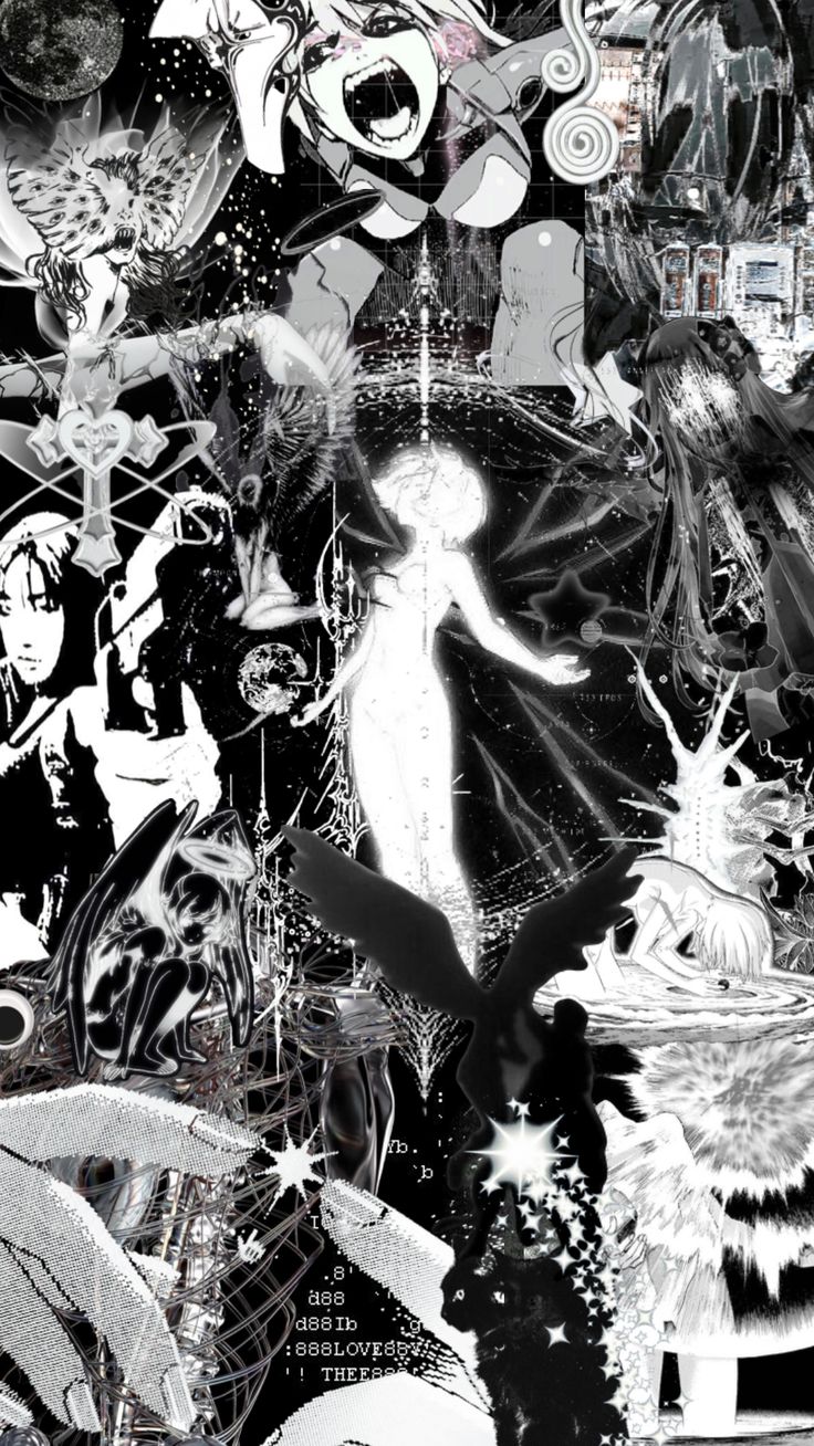 an abstract black and white photo with many different things on it's surface, including the image of a woman surrounded by other objects