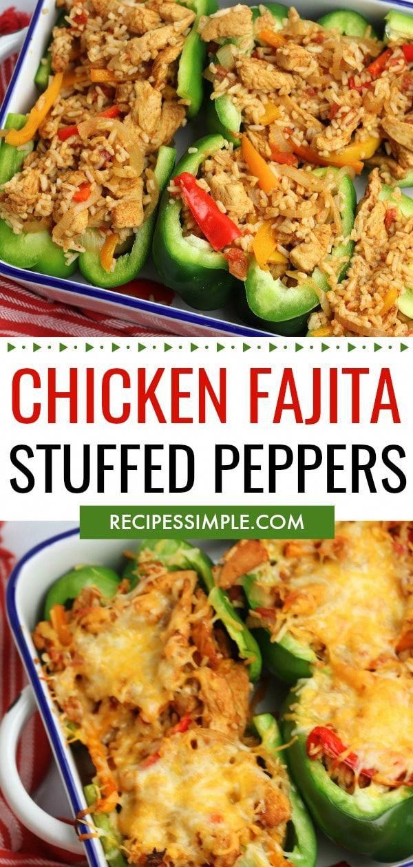 chicken fajita stuffed peppers in a casserole dish