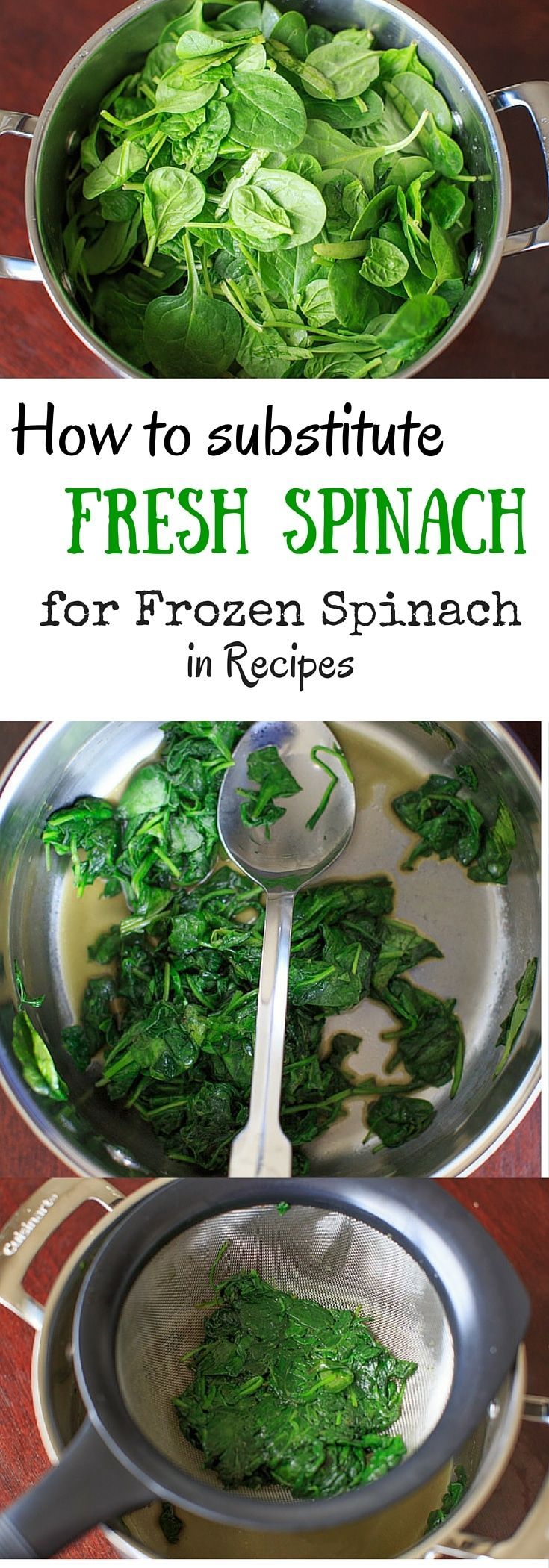 two pans filled with fresh spinach on top of a wooden table next to each other