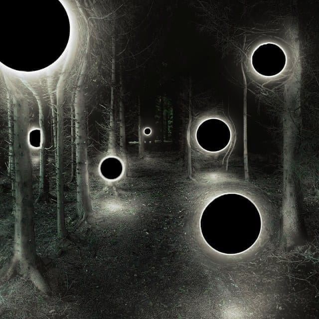 an artistic black and white photo with glowing circles in the woods