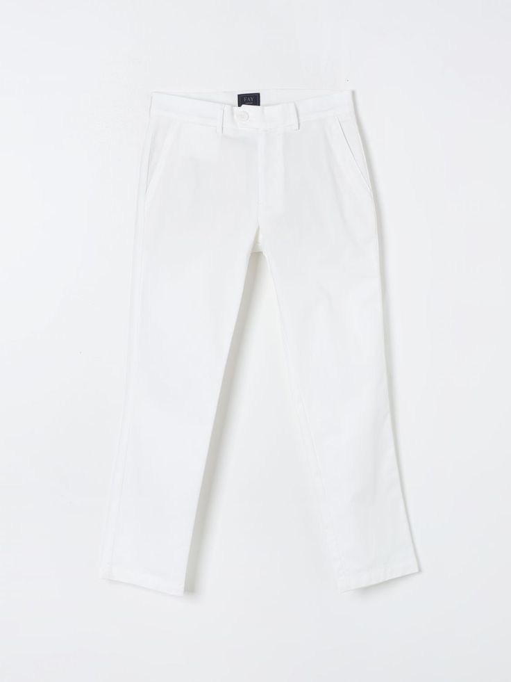 Pants FAY JUNIOR Kids color White Casual Fitted White Chinos, White Fitted Chinos Casual Style, Classic Fitted White Chinos, White Fitted Casual Chinos, Fitted White Casual Chinos, Fitted Classic White Chinos, White Fitted Classic Chinos, Classic White Chinos For Spring, Classic White Cotton Pants