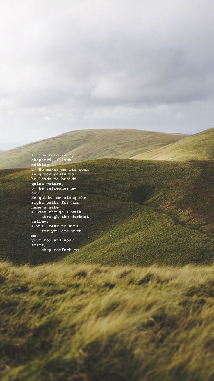 a field with grass and hills in the background that has a poem written on it