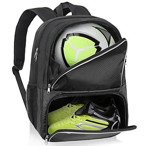 a backpack with soccer balls in it and the bottom compartment open to show its contents