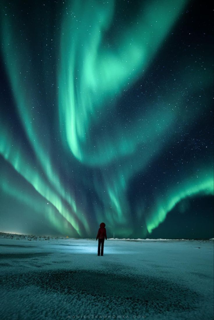 a person standing in the snow under an aurora bore