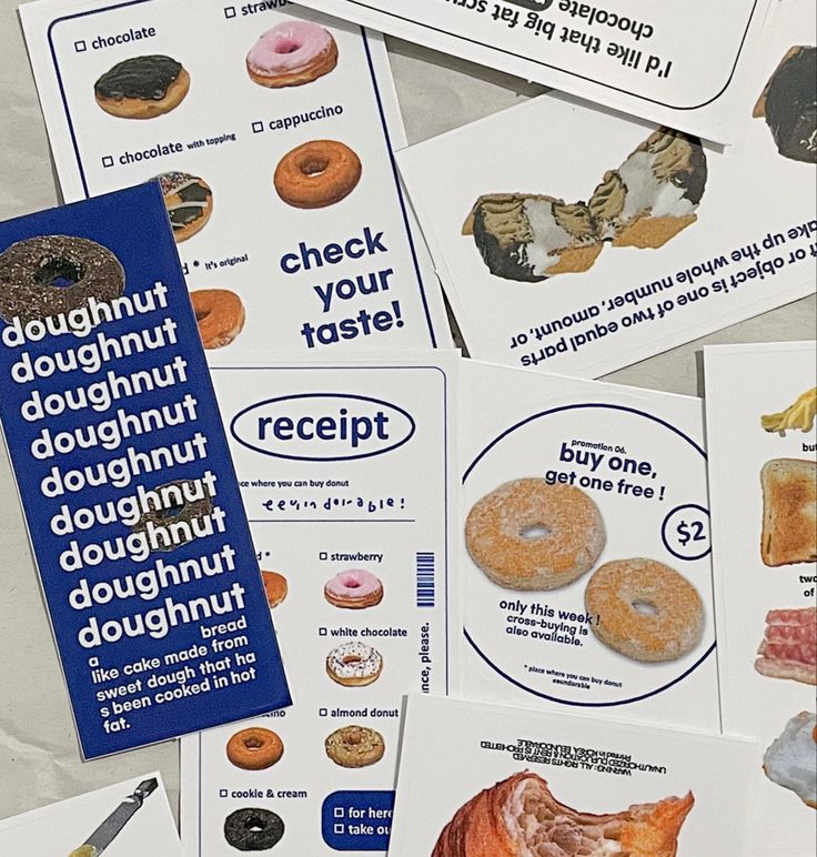 several stickers with different types of doughnuts and donuts written on them