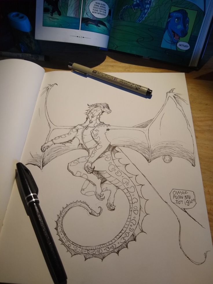 a drawing of a woman riding a dragon on top of a book next to a pen