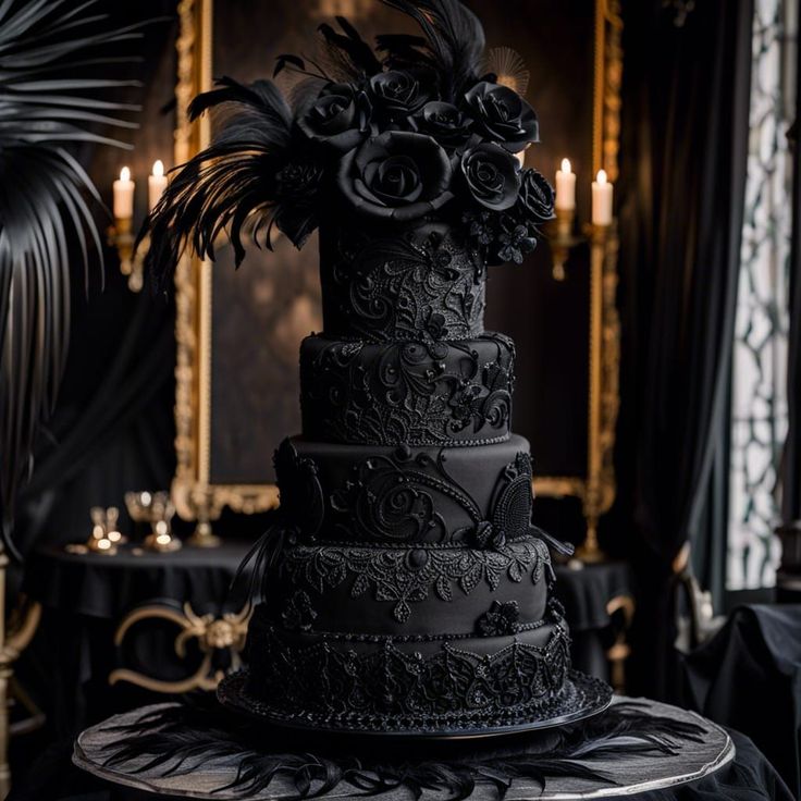 a black wedding cake with flowers and feathers on top is sitting on a table in front of candles