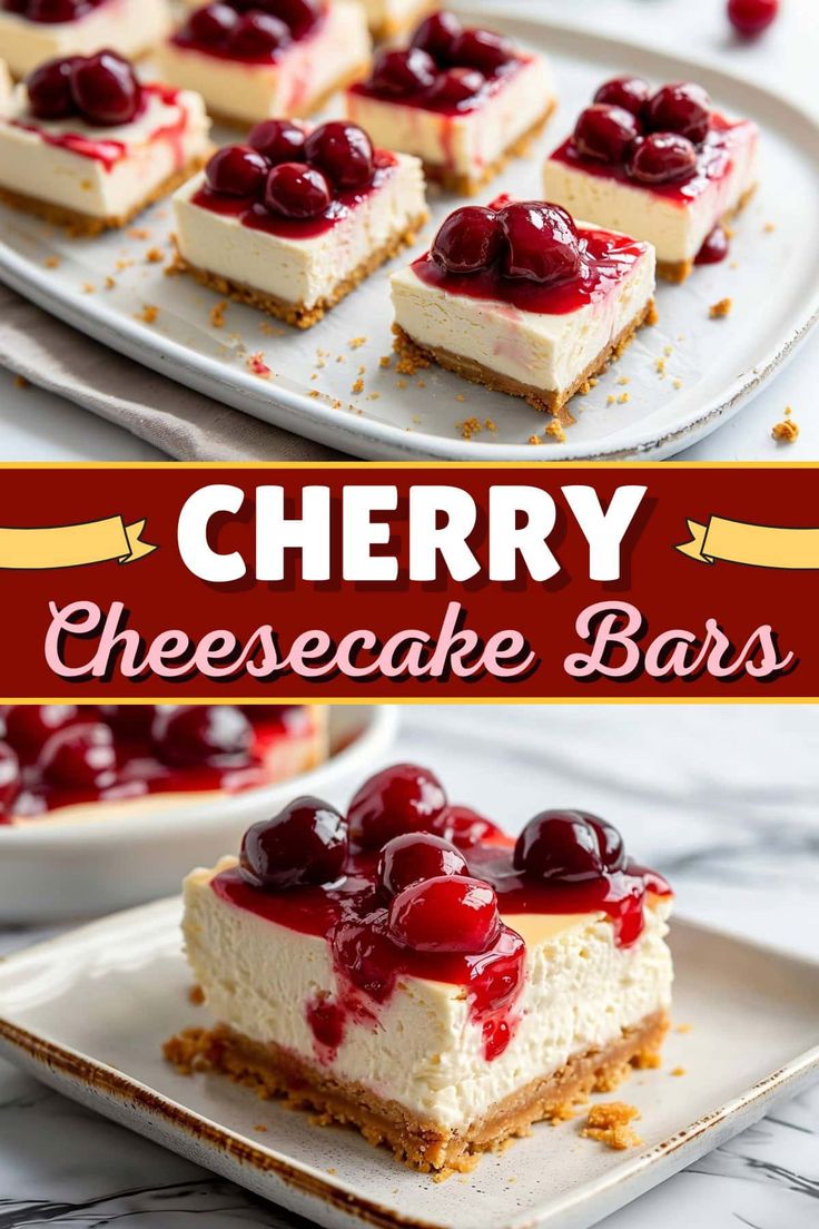 cherry cheesecake bars with cherries on top and the words cherry cheesecake bars above them