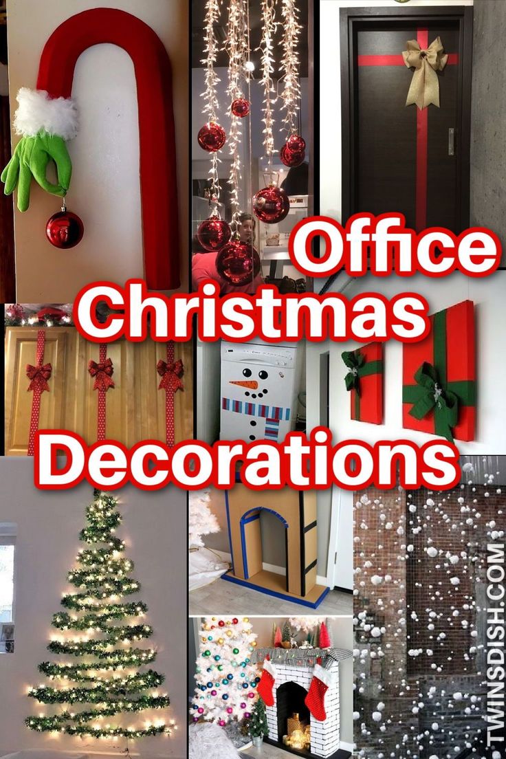 office christmas decorations are featured in this collage with the words office christmas decorations on it