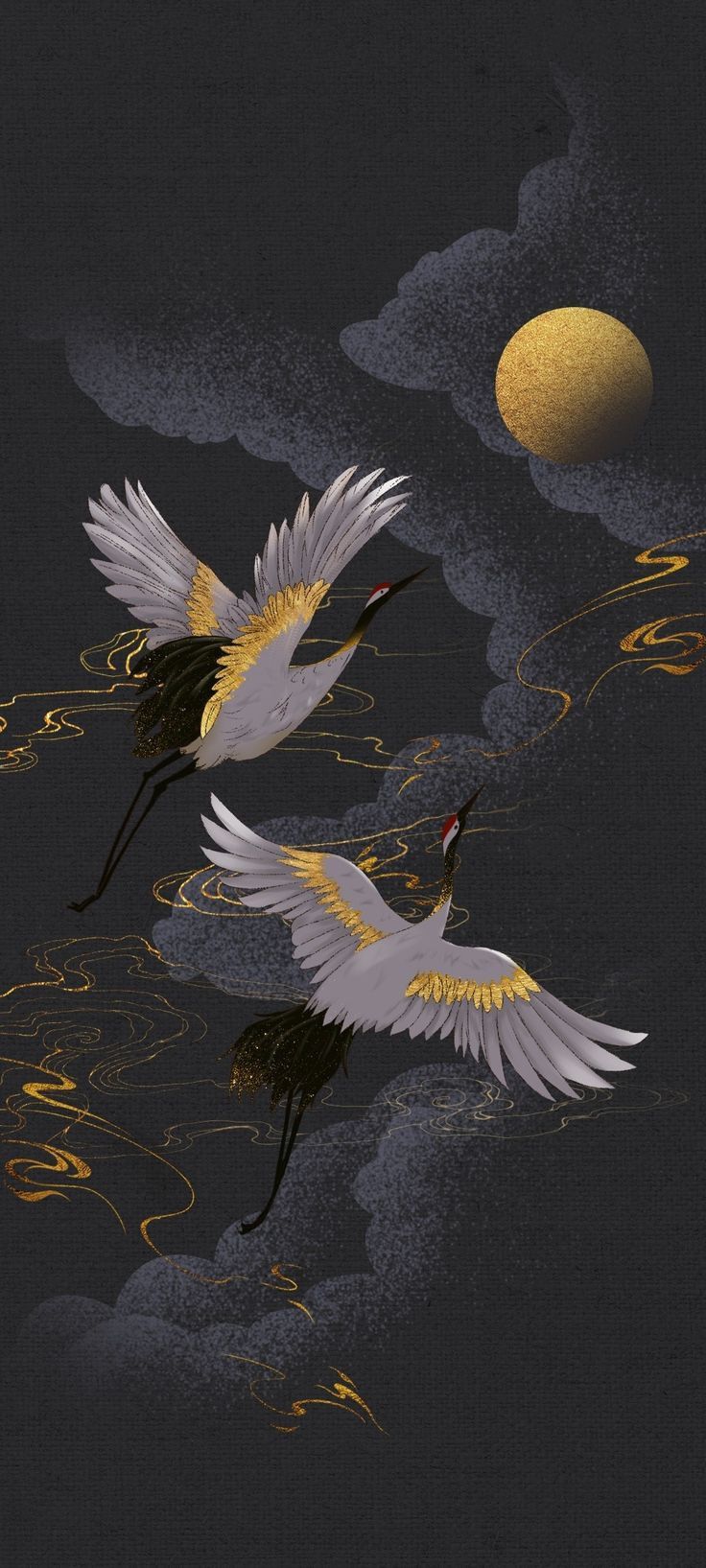 two white birds flying in the sky with clouds and sun behind them on a black background