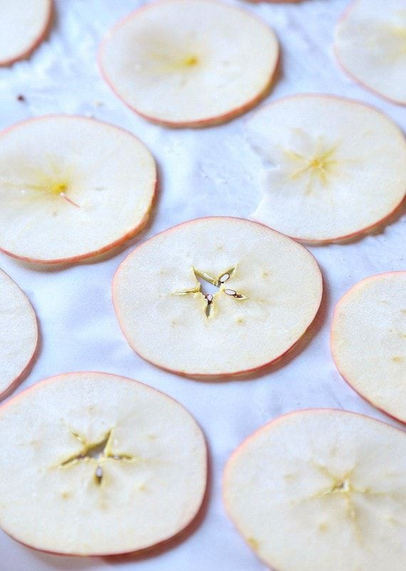 several slices of apple sitting on top of a table