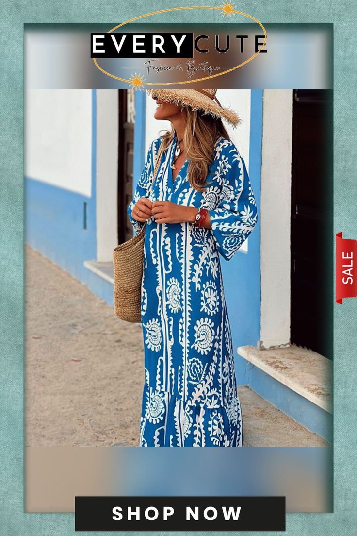 Breezy Blue Long Sleeve Maxi Dress Light Blue Maxi Dress For Beach Cover-up, Spring Vacation Light Blue Maxi Dress, Light Blue Maxi Dress For Spring Vacation, Blue Long Sleeve Dress For Beach Season, Spring Blue Maxi Dress For Beach, Light Blue Maxi Dress For Beach Cover-up In Spring, Blue Maxi Dress For Spring Beach Cover-up, Light Blue V-neck Maxi Dress For Beach, Blue Maxi Sundress For Day Out