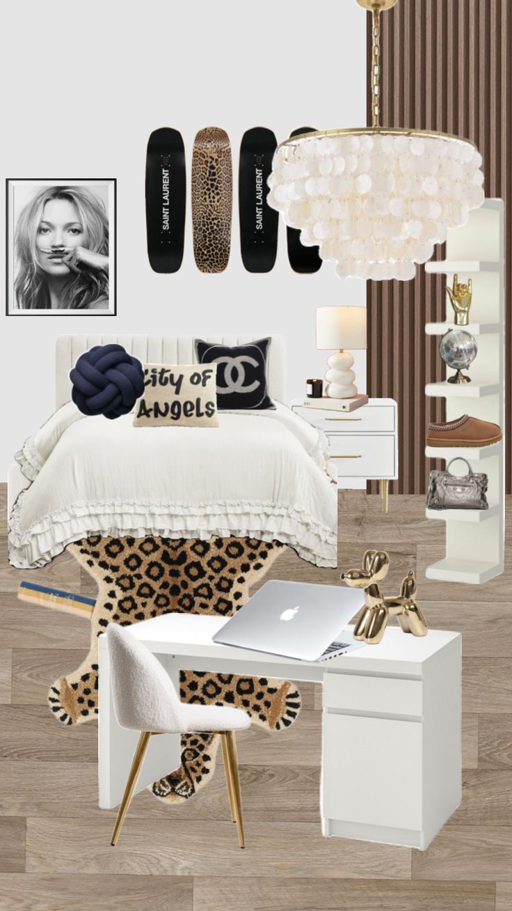 the bedroom is decorated in leopard print and white furniture, including a bed, desk, chair