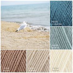 several different colors of yarn with seagull in the background and beach scene behind them