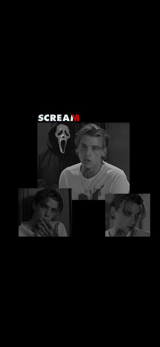 the scream movie poster is shown in black and white, with four images of people