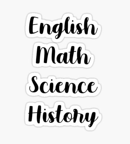 the words english math science history written in black ink on a white sticker sheet