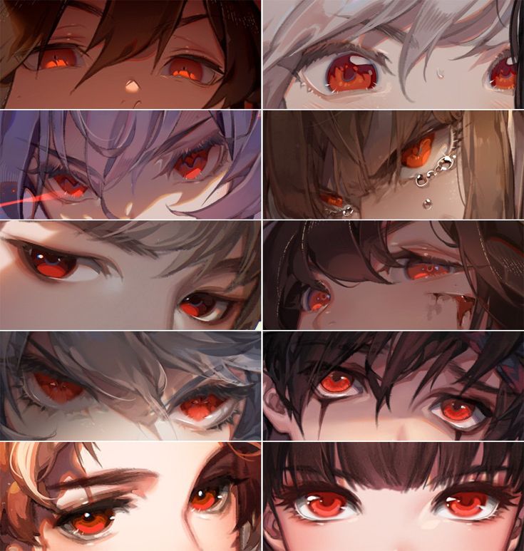 many red eyes are shown in this series of anime characters'face expressions, with the same