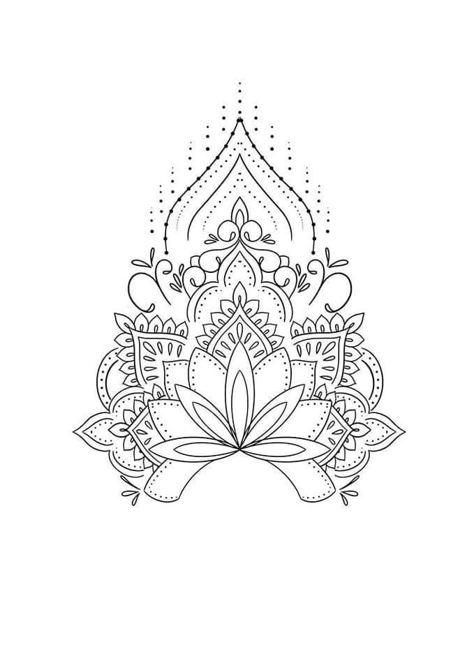 a black and white line drawing of a lotus flower with ornate designs on the petals