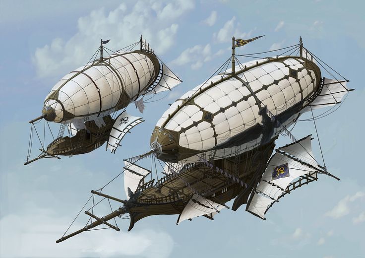 two large white ships floating in the air with sails attached to it's sides