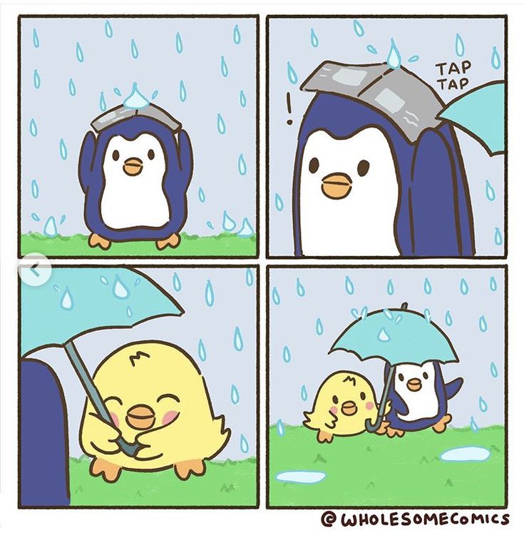 a comic strip with two penguins and one penguin holding an umbrella in it's hand