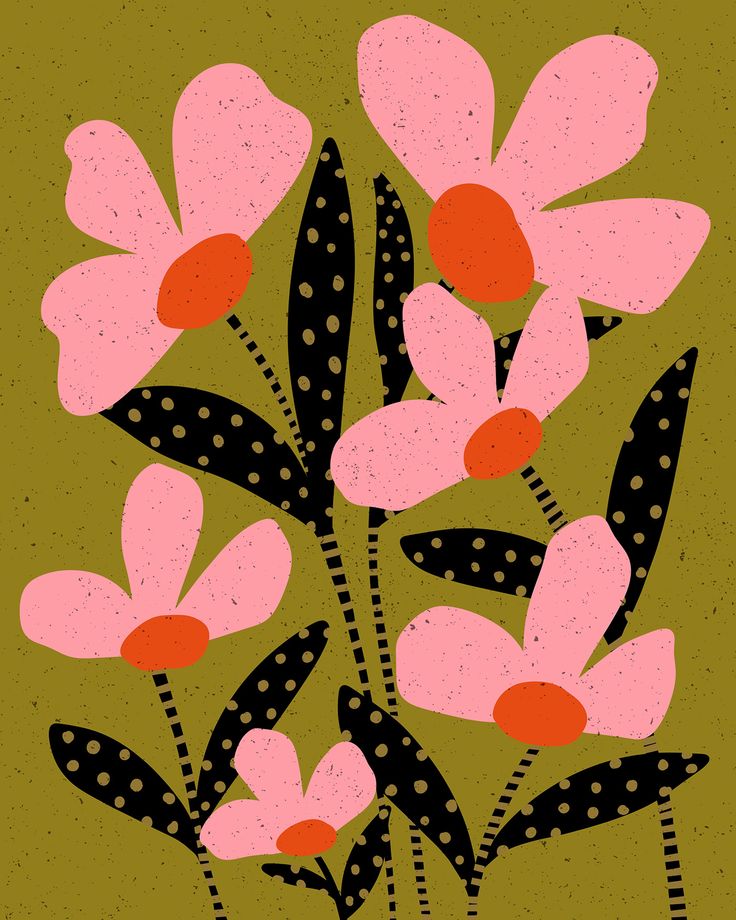 pink flowers with black dots on a green background