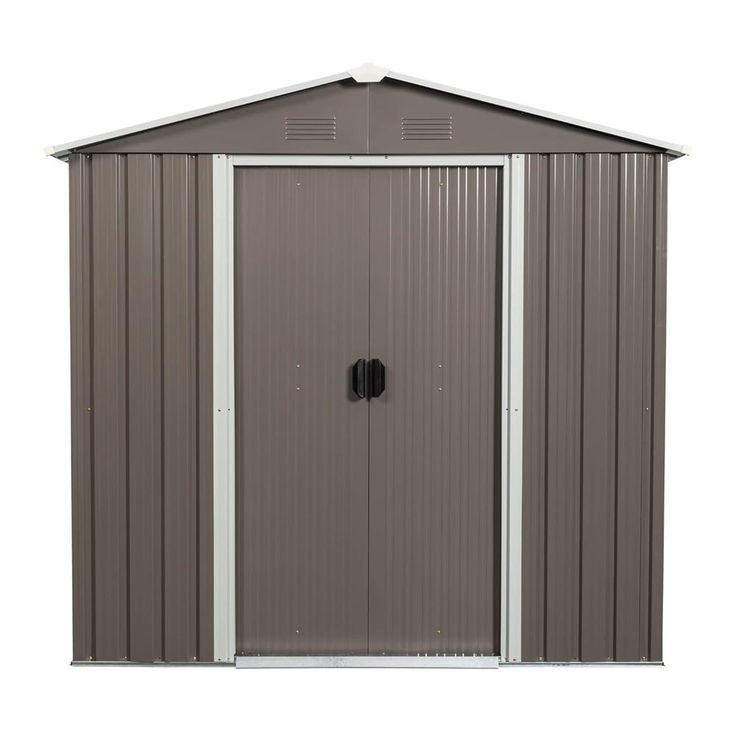 a metal shed with the door open and two windows on each side, in front of a white background