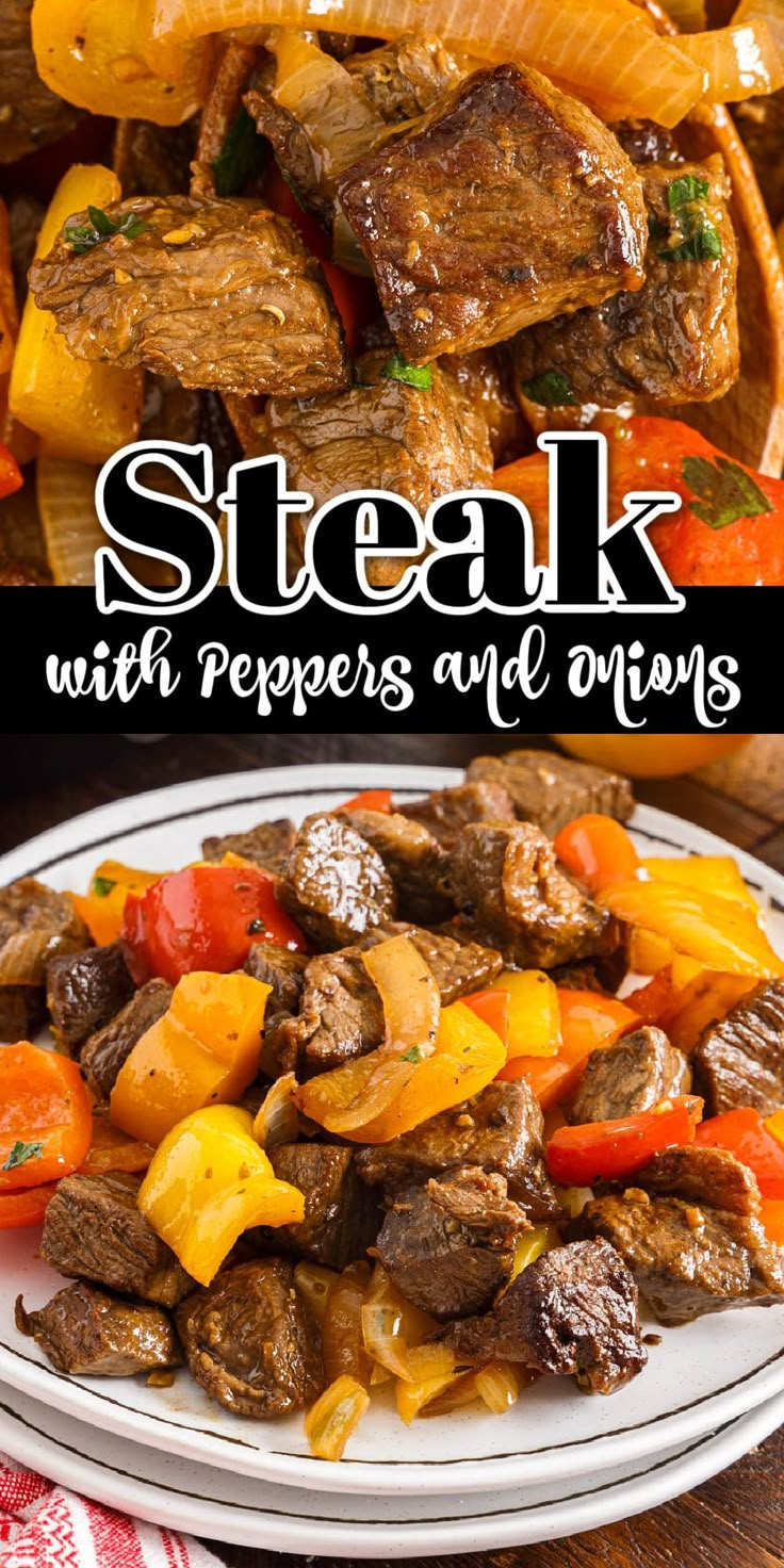 steak with peppers and onions on a white plate next to the recipe title reads steak with peppers and onions