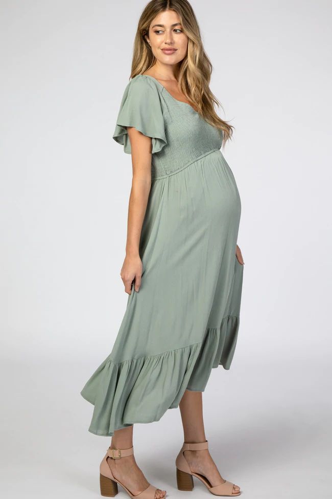 Light Olive Smocked V-Neck Maternity Midi Dress – PinkBlush Casual Maternity Dresses With Ruched Detail, Maternity Midi Dress With Smocked Bodice, Maternity Short Sleeve Dresses With Smocked Back, Maternity Dresses With Smocked Back And Short Sleeves, Casual Maternity Dress With Smocked Back, Maternity Midi Dress With Smocked Back, Flowy Casual Maternity Dress, Spring Maternity Dress With Smocked Bodice And Short Sleeves, Summer Maternity Dress With Smocked Back