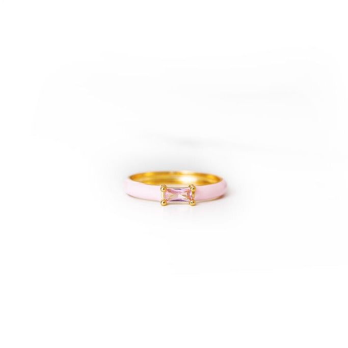 Modern Pink Promise Ring, Mens Pink Rings, Trendy Everyday Pink Rings, Pink Enamel Open Ring For Promise, Trendy Pink Enamel Ring As Gift, Trendy Pink Enamel Ring For Gift, Pink Baguette Diamond Rings For Gift, Pink Baguette Cut Ring For Gift, Pink Enamel Rings For Gift