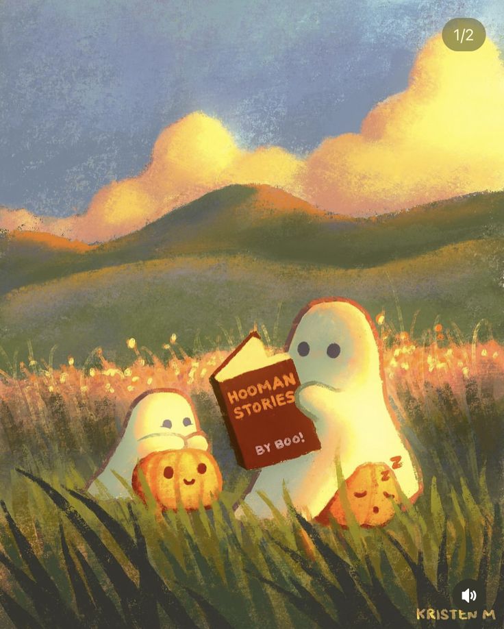 an illustration of two ghost reading a book in the grass with mountains in the background