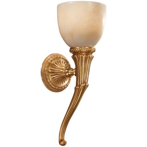 an antique style wall light with a white glass shade on the arm and gold finish