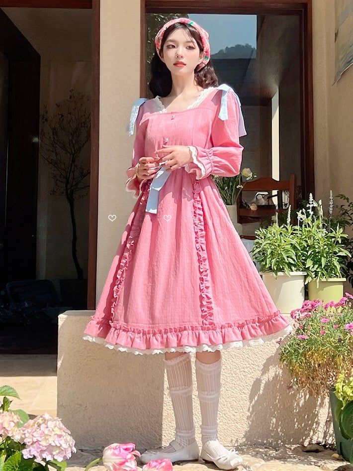 This price is for a nightgown only, others are not included. Dress / Top Details:Bowknot Details / Criss-cross Design / Lace Trim / Ruffle TrimDress Waistline:High WaistMaterial:Cotton / ViscoseNeckline:V-neckSkirt Details:Flounce Hem Skirt / Lace TrimSkirt Length:Below KneeSleeves:Elastic Cuffs  	 		 			Size 			S 			M 			L 		 		 			Full Length 			102 			105 			108 		 		 			Bust 			86 			90 			94 		 		 			Sleeve Length 			52 			53 			54 		 		 			Shoulders 			33 			34 			35 		 		 			Height 			155 Kawaii Pajamas, Old Fashion Dresses, Hem Skirt, Cross Design, Cotton Viscose, Cross Designs, Dress Top, Kawaii Fashion, Rose Pink