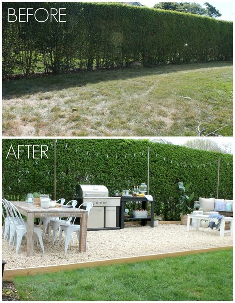 before and after photos of an outdoor dining area in the back yard with grass growing on the lawn