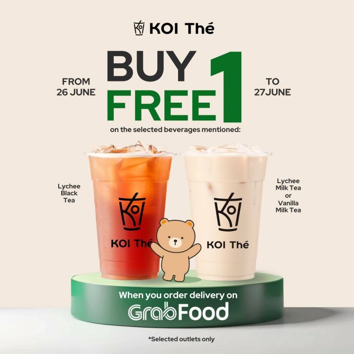 two drinks are sitting on a stand with the caption'koi the buy 1 get 1 free '