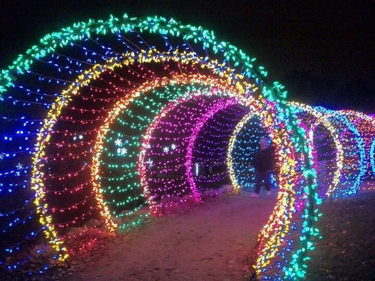 a tunnel covered in christmas lights at night