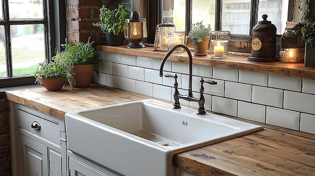 a white kitchen sink sitting under a window next to a counter top with potted plants on it