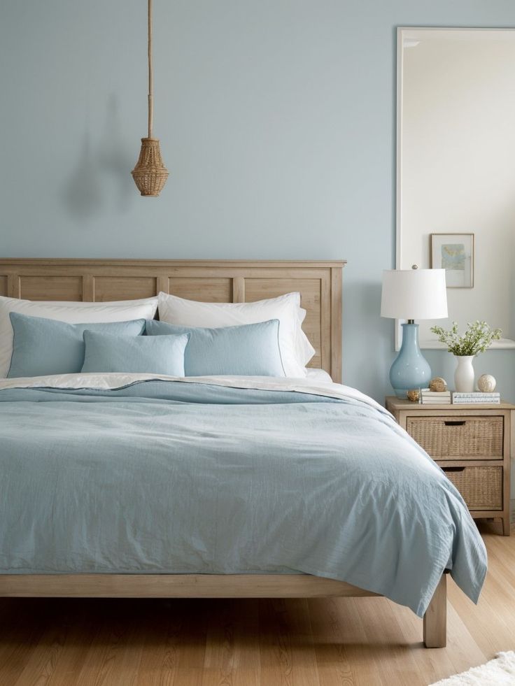 a bed with blue sheets and pillows in a bedroom next to a lamp on a dresser