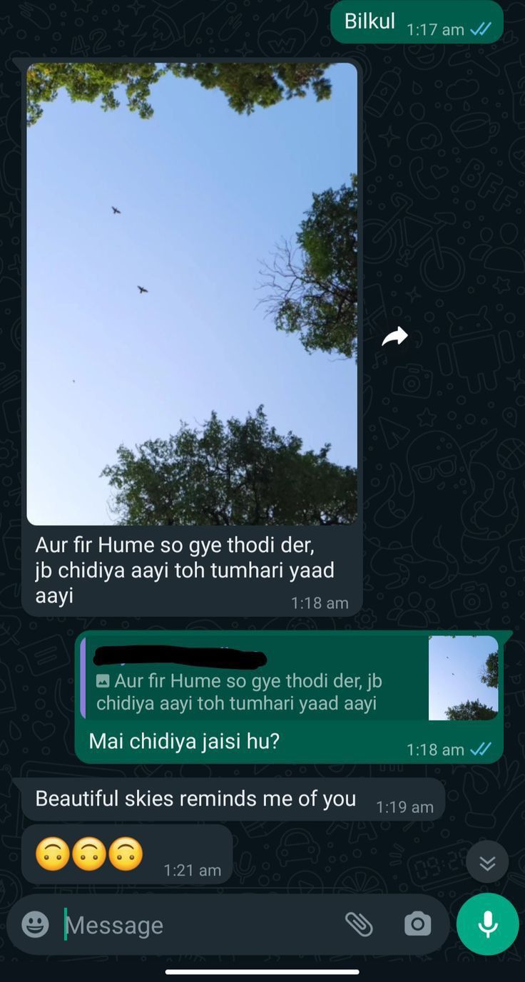 two screenshots showing the same text message and an image of trees in the background