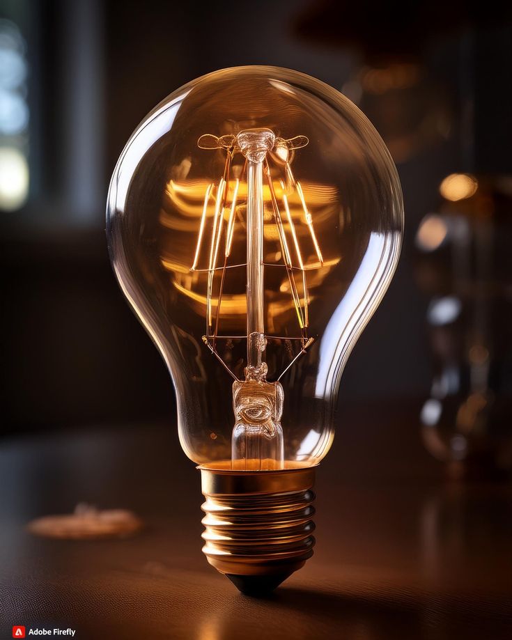 an illuminated light bulb sitting on top of a table